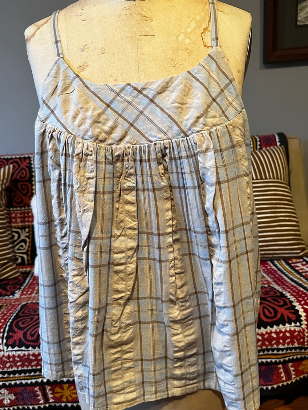 Plaid A-Line Spaghetti Strap Top in Light Blue and Tan